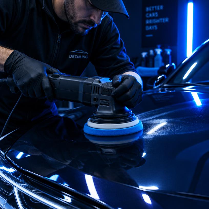 Machine polishing a car hood