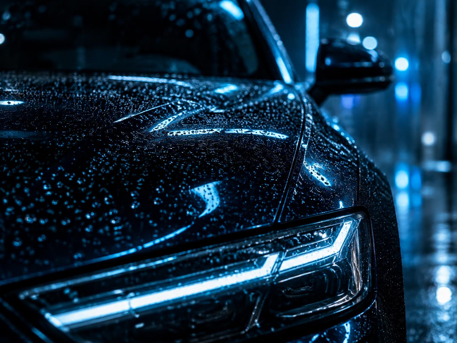 Freshly detailed car hood with water beading on glossy paint